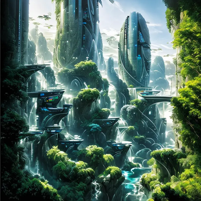 Airbrush drawing --v 5.1 style Futuristic design of an awesome sunny day environment concept art on a futuristic terrain with hu...