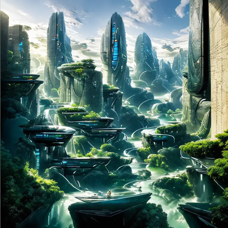 Airbrush drawing --v 5.1 style Futuristic design of an awesome sunny day environment concept art on a futuristic terrain with hu...