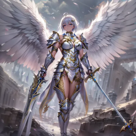 (masterpiece), (best quality), (ultra-detailed), female angelic warrior, silver armor, armored, full body, beautiful, fierce, holding weapons, sword, lean body, short hair
