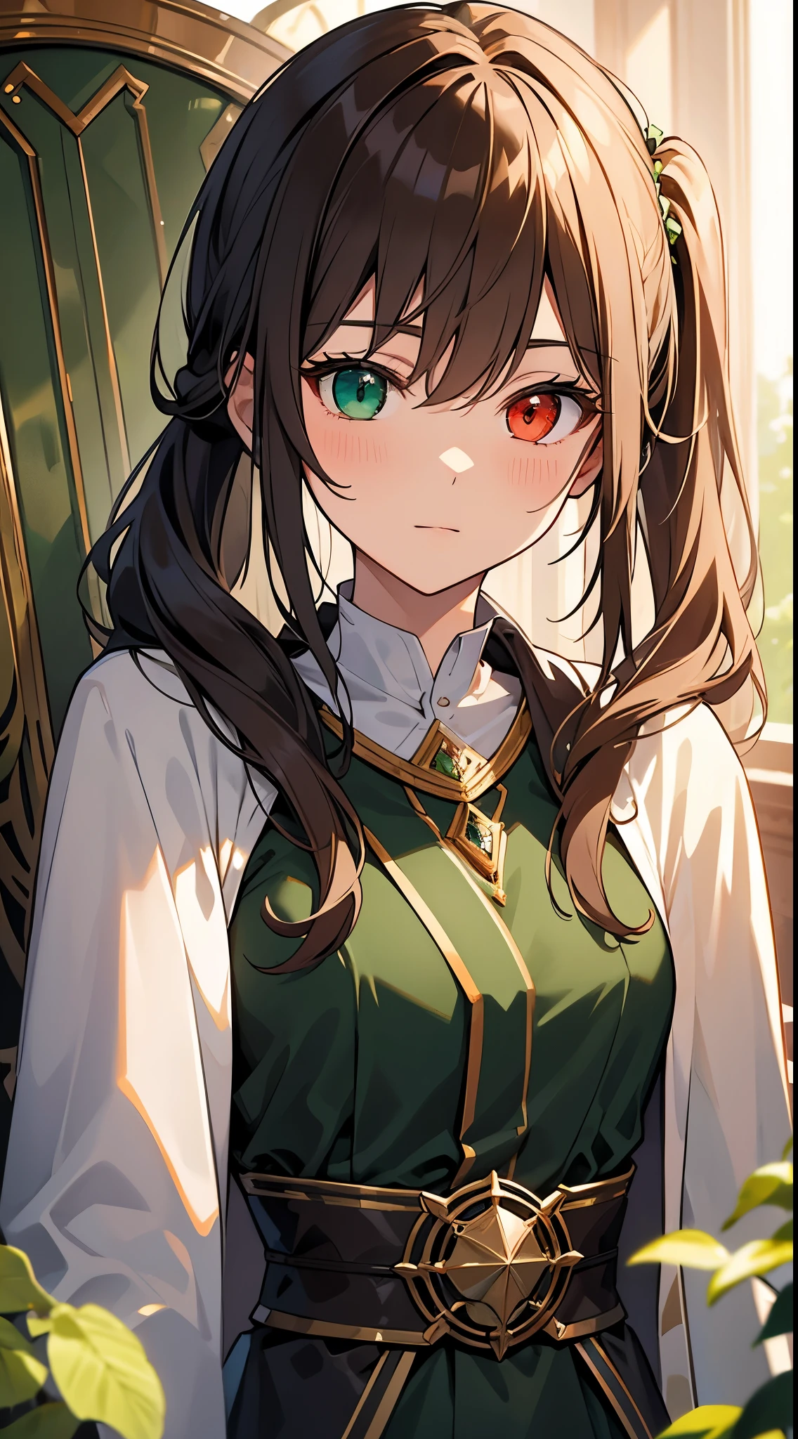 [[[masterpiece, ultra-detailed, best quality,]]] portrait, close-up shot, brown hair, heterochromia druid, magic, long hair, side ponytail, slender body, throne room background, green druid robe