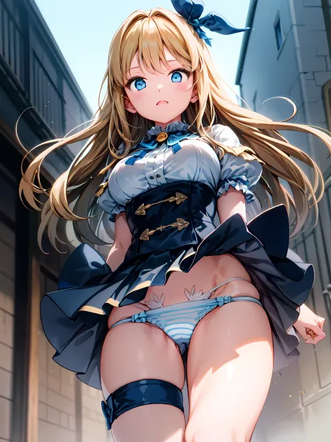 ultra detailed game CG, (High resolution:1.1),(absurderes:1.1), Best Quality, Ultra high definition, The highest resolution, Very detailed, Anime,  1girl in, Blonde hair, Blue eyes, White blouses, (White panty:1.1), Blue Ribbon, corsets, broach, under the ...