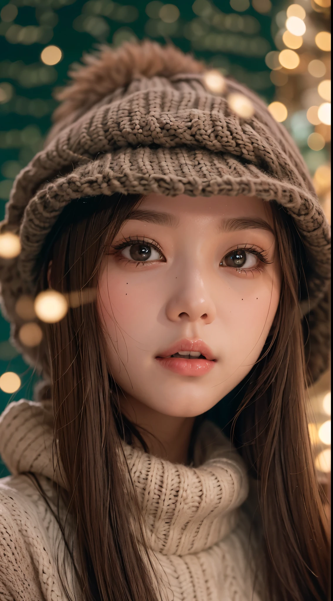 stand in front of the Christmas show window, japanese woman, Winter fashion, knit hat, pupils sparkling, brown long hair, depth of field, f/1.8, anatomically correct, textured skin, super detail, high details, high quality, super detail, high details, high quality, best quality, highres