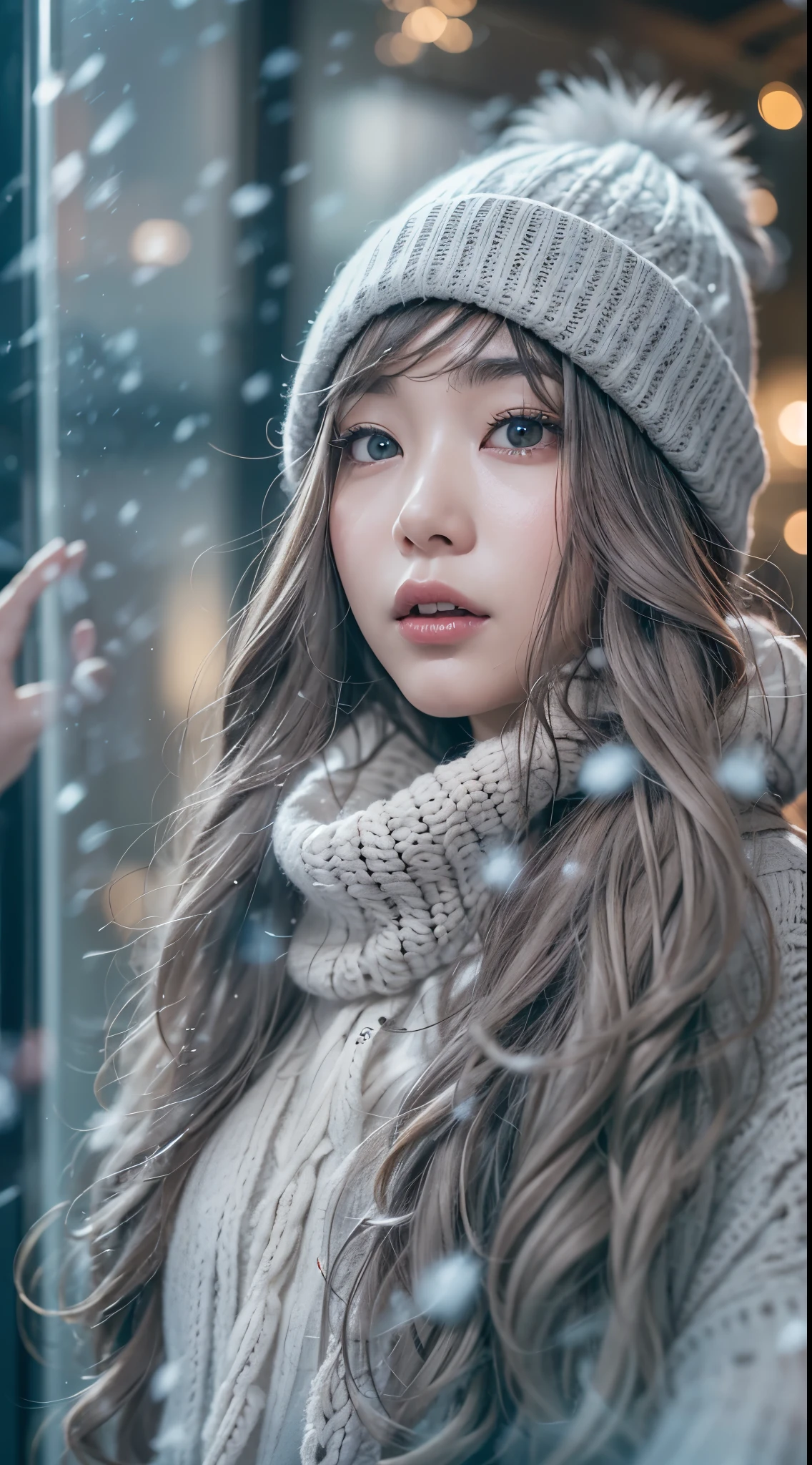 stand in front of the Christmas show window, japanese woman, Winter fashion, knit hat, snowing,pupils sparkling, silver long hair, depth of field, f/1.8, anatomically correct, textured skin, super detail, high details, high quality, super detail, high details, high quality, best quality, highres