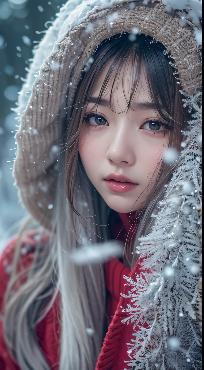 in the snowy forest, japanese woman, red sweater, snowing,pupils sparkling, silver long hair, depth of field, f/1.8, anatomically correct, textured skin, super detail, high details, high quality, super detail, high details, high quality, best quality, highres