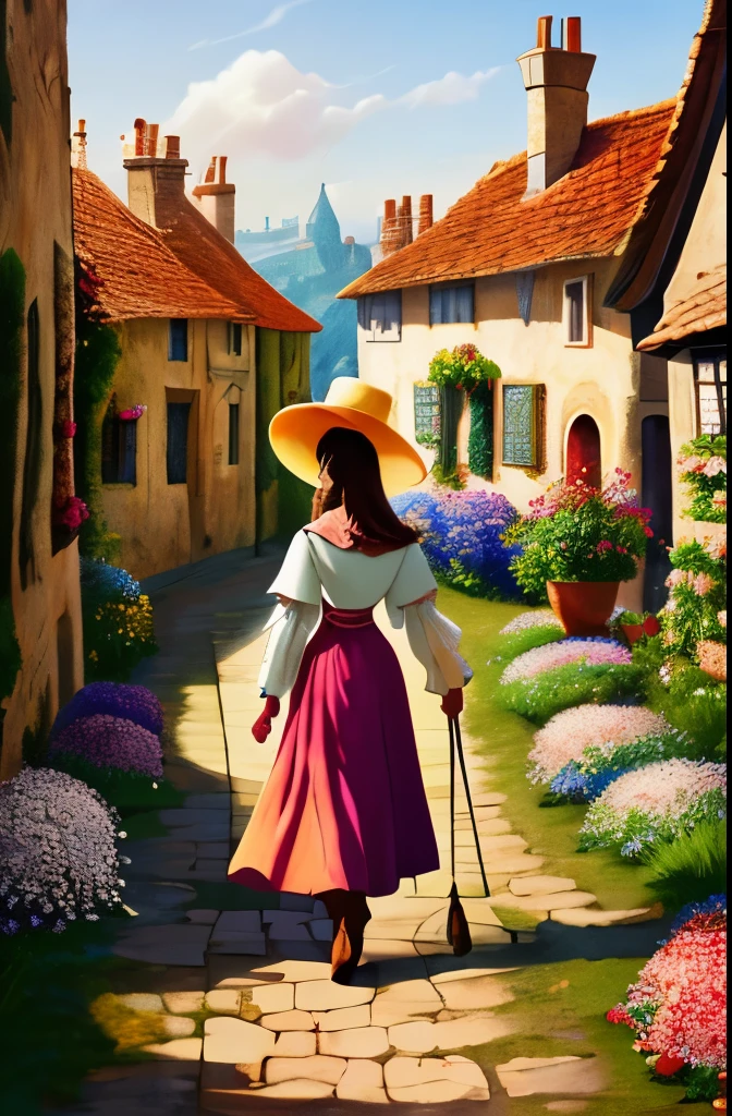 village médiéval, style disney, femme marchant avec des fleurs, détails, couleurs