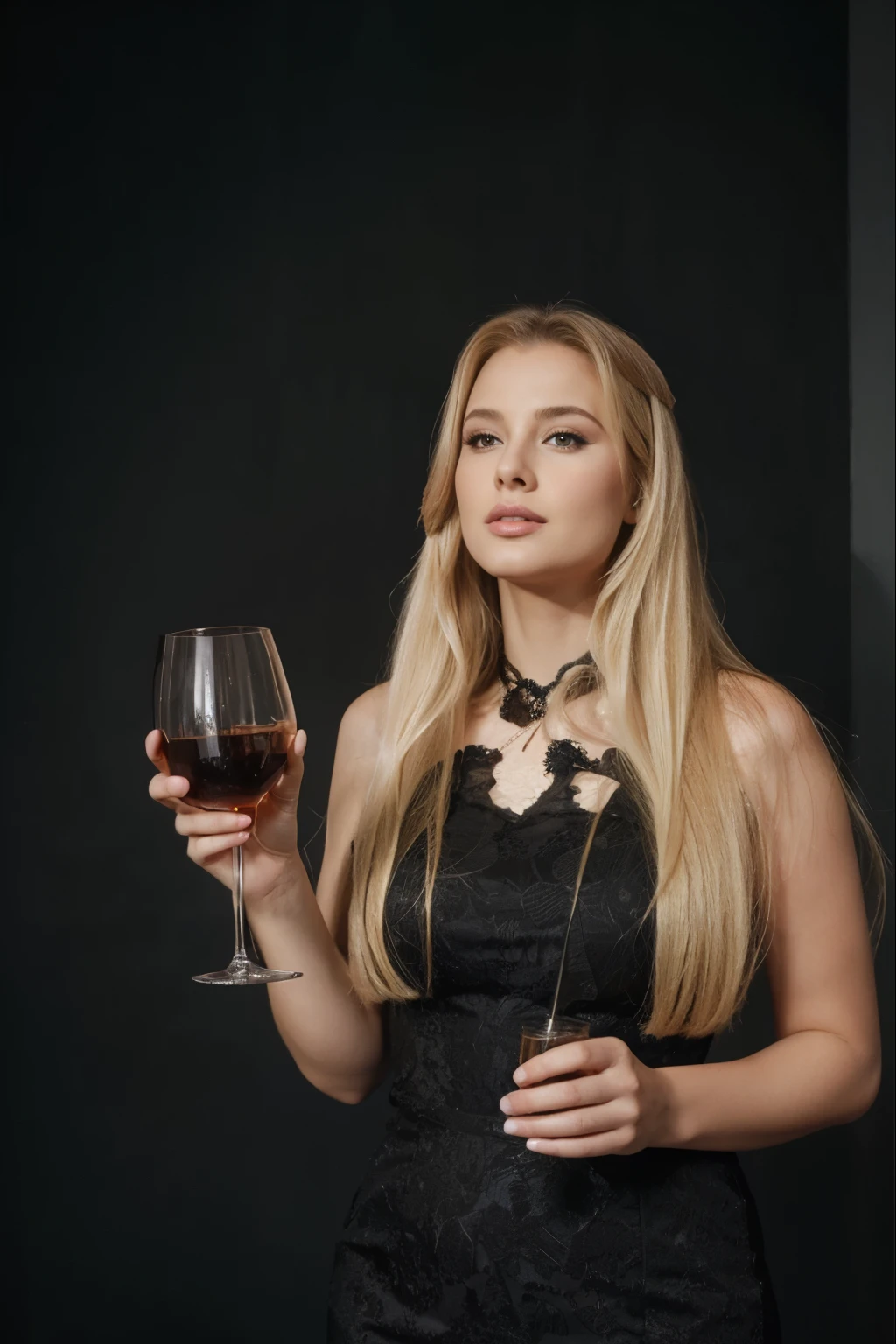 Arafed woman holding a glass of wine in front of a black background -  SeaArt AI