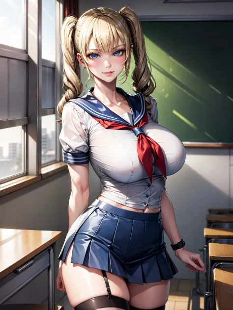 best quality, masterpiece, extremely detailed CG, extremely detailed 8K wallpaper, standing, HDR ,1girl, solo, indoors, in classroom, cowboy shot, solo, looking at viewer,, sailor uniform, blue collar, pleated navy blue skirt, long hair, blonde hair, twin ...