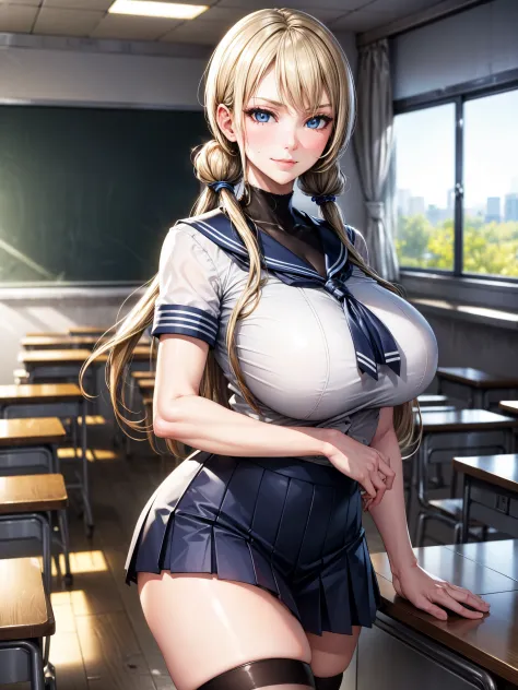 best quality, masterpiece, extremely detailed CG, extremely detailed 8K wallpaper, standing, HDR ,1girl, solo, indoors, in classroom, cowboy shot, solo, looking at viewer,, sailor uniform, blue collar, pleated navy blue skirt, long hair, blonde hair, twin ...