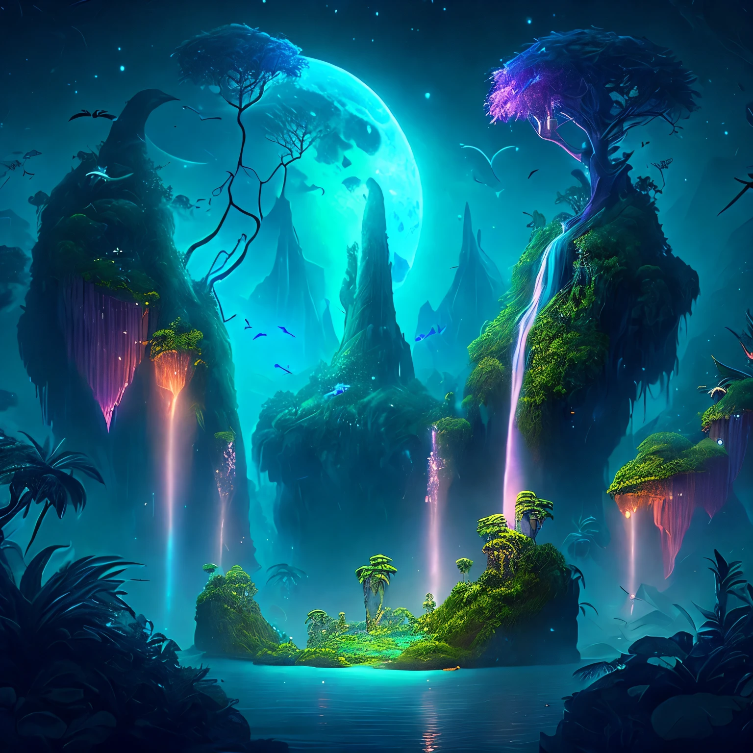 月光下的迷人奇幻丛林, 被茂密植被覆盖的巨大浮岛, 瀑布, 以及在黑夜中翱翔的发光生物, 数字艺术作品
