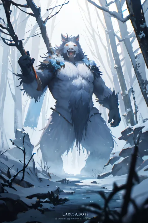 Frozen Sasquatch, legendary monster, snow symbol on chest, holding druid staff, rime , deep forest, 8k, best quality, god ray, Tyndall effect, particles, cinematic lighting, bokeh, depth of field, dreamy, fantasy