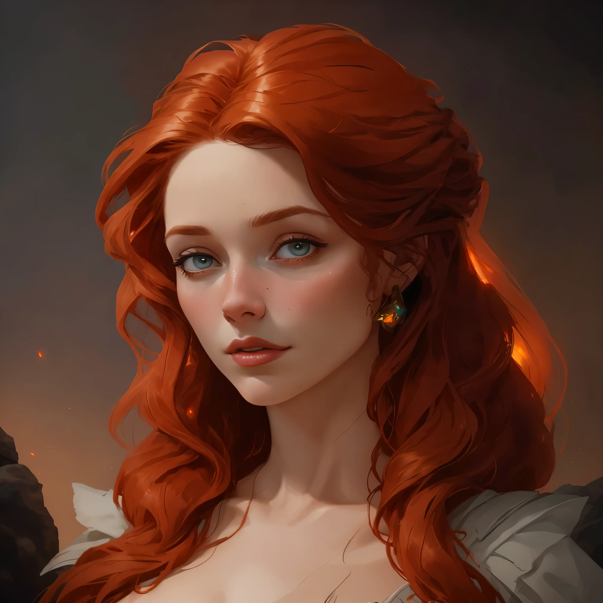 Il y a une femme aux cheveux roux, Crépuscule, lumière sur le visage d&#39;en bas du feu, comme la lueur d&#39;un feu, un regard décisif vers la gauche, portrait d&#39;art conceptuel fantastique, portrait artistique fantastique, portrait fantastique art, portrait de personnage fantastique, epic portrait artistique fantastique, portrait fantastique, belle peinture de personnage, portrait fantastique, beautiful portrait artistique fantastique, portrait de genre fantastique, inspiré par Magali Villeneuve, jeune fille aux cheveux cuivrés, Alexandra Fomina Artstation