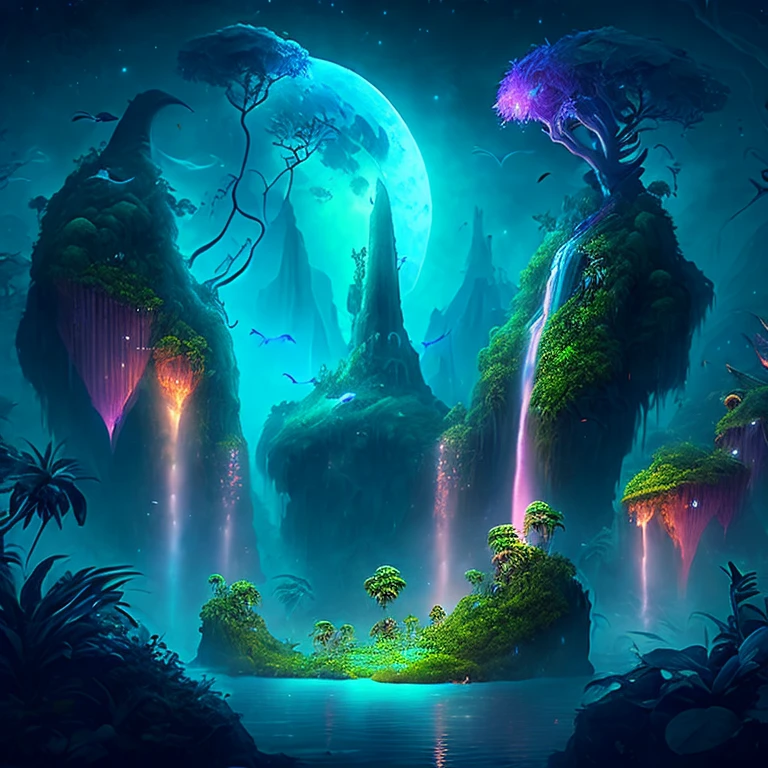 Ein bezaubernder Fantasy-Dschungel unter einem mondbeschienenen Himmel, riesige schwimmende Inseln mit üppiger Vegetation, kaskadierende Wasserfälle, und leuchtende Kreaturen, die durch die Nacht schweben, digitales Kunstwerk