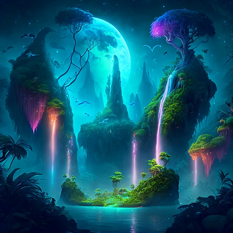 Uma encantadora selva de fantasia sob um céu enluarado, enormes ilhas flutuantes cobertas por vegetação exuberante, cachoeiras em cascata, e criaturas iluminadas voando pela noite, arte digital