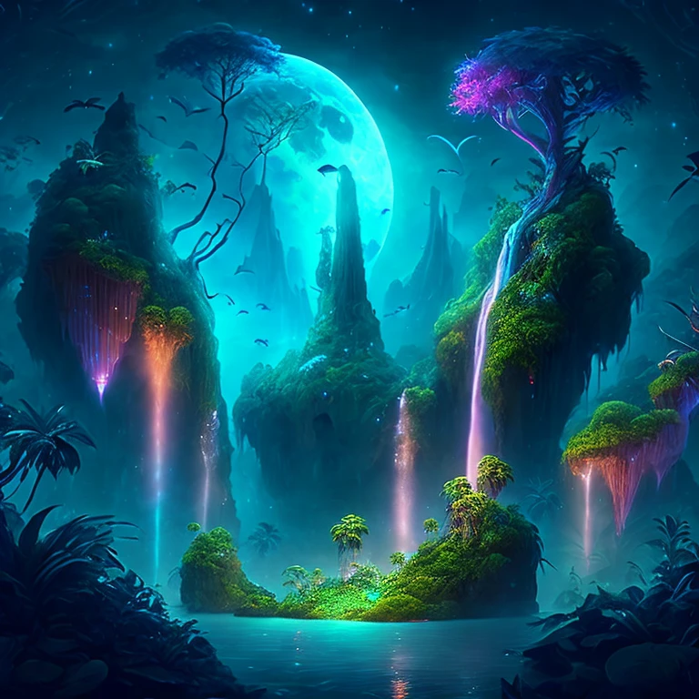 An enchanting fantasy jungle under a moonlit sky, massive floating islands covered in lush vegetation, cascading waterfalls, and illuminated creatures soaring through the night, Digital artwork