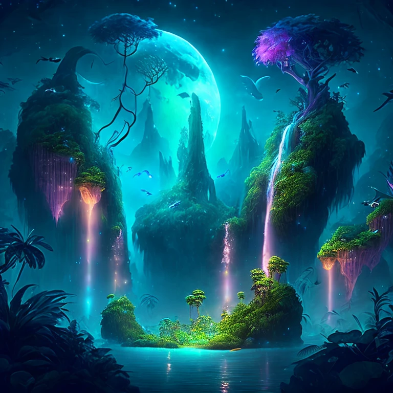 Uma encantadora selva de fantasia sob um céu enluarado, enormes ilhas flutuantes cobertas por vegetação exuberante, cachoeiras em cascata, e criaturas iluminadas voando pela noite, arte digital