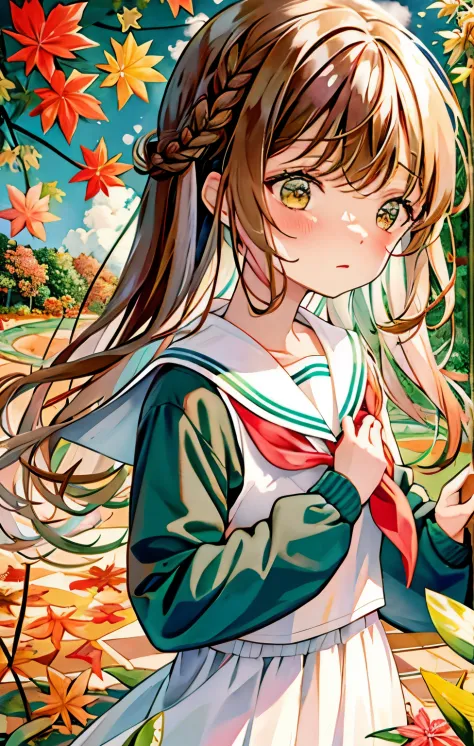 1girl, acorn, aki_shizuha, anger_vein, autumn, autumn_leaves, bangs, blush, braid, branch, brown_eyes, brown_hair, closed_mouth,...