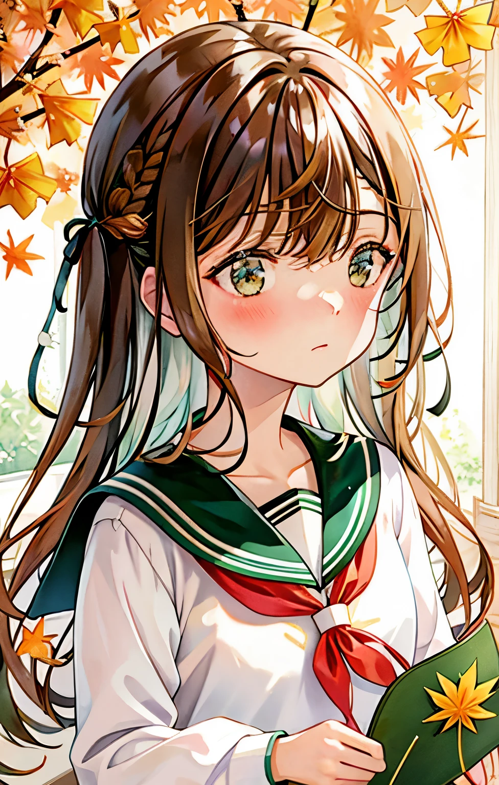 1girl, acorn, aki_shizuha, anger_vein, autumn, autumn_leaves, bangs, blush, braid, branch, brown_eyes, brown_hair, closed_mouth, daisy, dragonfly, eyebrows_visible_through_hair, falling_leaves, flower, ginkgo_leaf, green_eyes, grey_sailor_collar, hair_ornament, hair_ribbon, holding, holding_leaf, leaf, leaf_background, leaf_hair_ornament, leaf_on_head, leaf_print, lily_\(flower\), long_sleeves, looking_at_viewer, lying, maple_leaf, medium_hair, neckerchief, orange_flower, orange_theme, pink_hair, pinwheel, ribbon, sailor_collar, school_uniform, serafuku, shirt, solo, spider_lily, spoken_anger_vein, starfish, sweet_potato, traditional_media, upper_body, white_sailor_collar