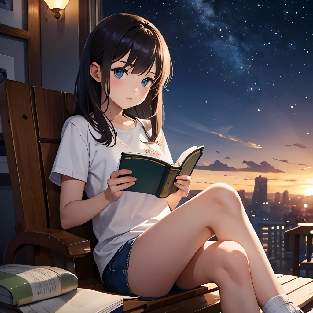 星空の下でショートパンツを履いて本を読んでいる