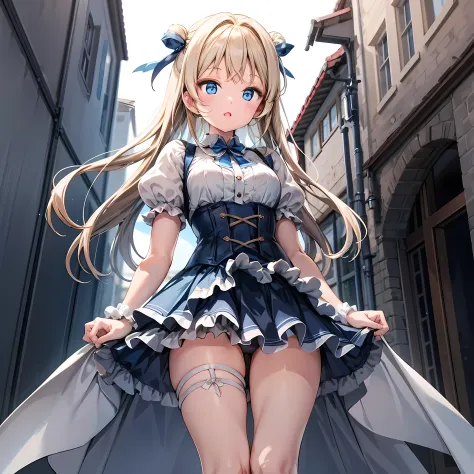 ultra detailed game CG, (High resolution:1.1),(absurderes:1.1), Best Quality, Ultra high definition, The highest resolution, Very detailed, Anime,  1girl in, Blonde hair, Blue eyes, White blouses, White panty, Blue Ribbon, corsets, thighs thighs thighs thi...