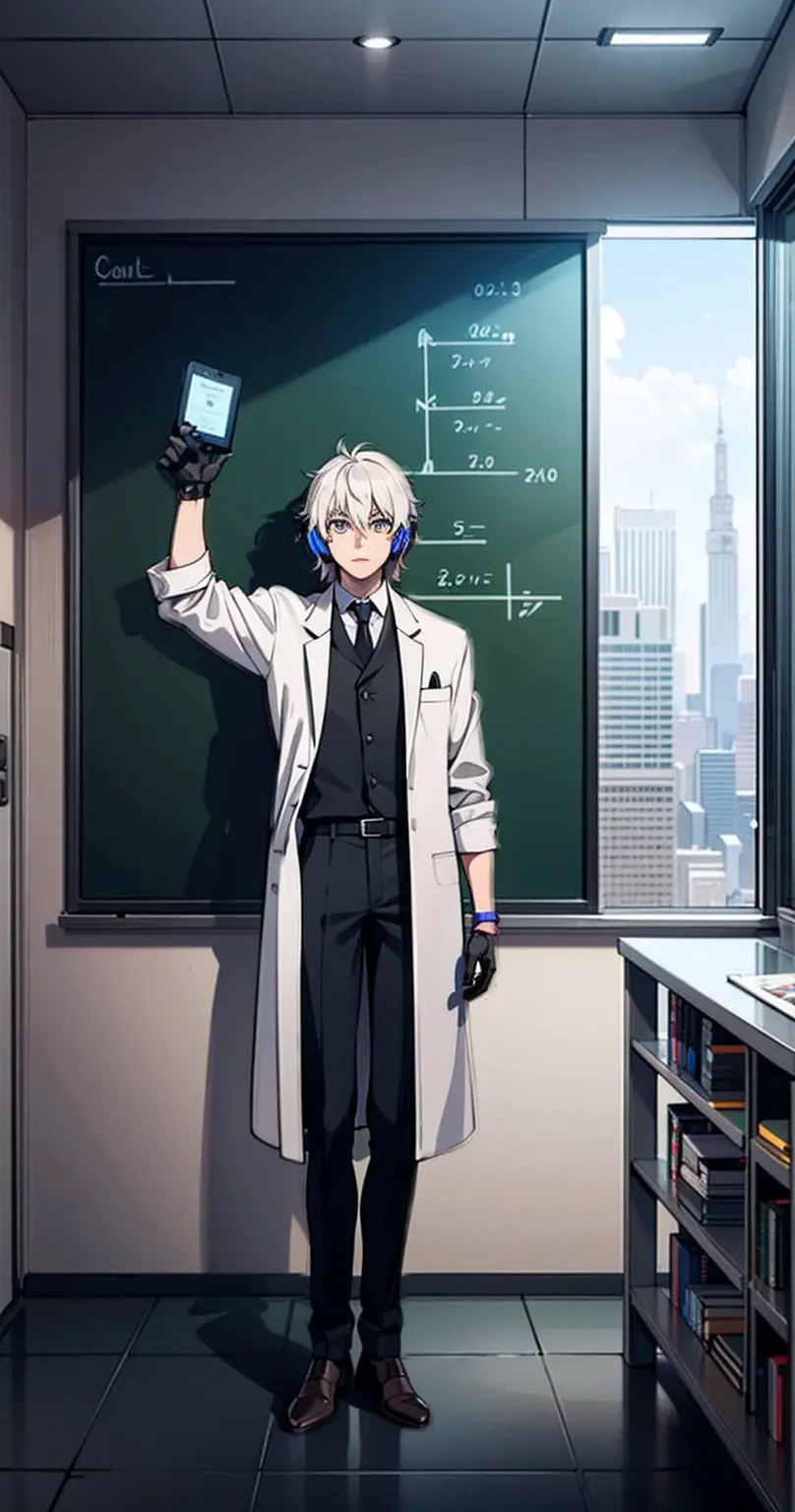 A robot teacher with robotic arms and bionic eyes, Wearing a white lab coat and holding a holographic tablet, Stand in front of ...