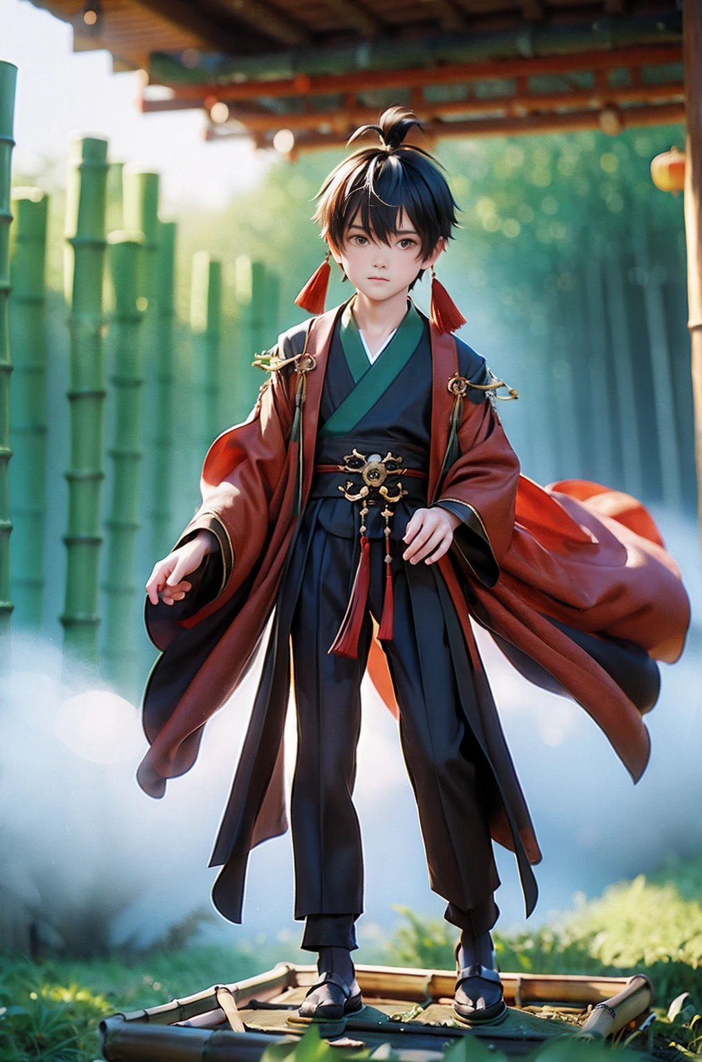 bestquality, masterpiece,1 Boy, Full body, chibi,  Chinese assassin in black, ((Bamboo Forest)),