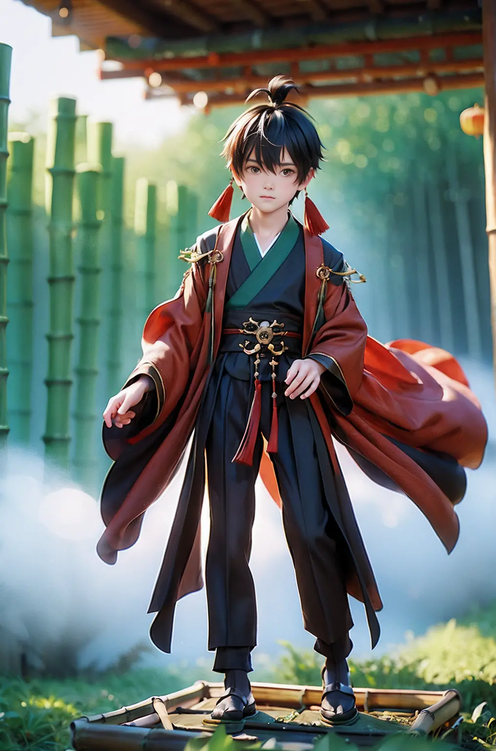 bestquality, masterpiece,1 boy, full body, chibi,  chinese assassin in black, ((bamboo forest)),