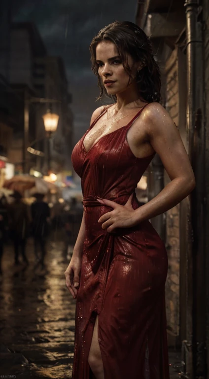 (Thirty year old) woman, standing in the heavy rain, wearing a (long bright red dress:1.2), beautiful legs, (soaked hair:1.2), dreamy photo, dramatic pose, looking straight at camera, soft expression, flirty, slight smile, dark city landscape, crowd of dark strangers, misty, andre kohn, Canon, (Detailed features::1.2), real life. Hayley Atwell, intricate, 8k, highly detailed, (extremely detailed CG unity 8k wallpaper), ((square jaw)), (well defined jaw), (downturned lips), (detailed anatomy), Hyperrealistic full shot body image, trending on CGSociety, Intricate, High Detail, Sharp focus, dramatic, volumetric lighting, digital painting, intense, modelshoot style, (extremely detailed CG unity 8k wallpaper), full shot body photo of the most beautiful artwork in the world, pearl skin, professional majestic oil painting by Ed Blinkey, Atey Ghailan, Studio Ghibli, by Jeremy Mann, Greg Manchess, Antonio Moro, trending on ArtStation, photorealistic painting art by midjourney and greg Rutkowski