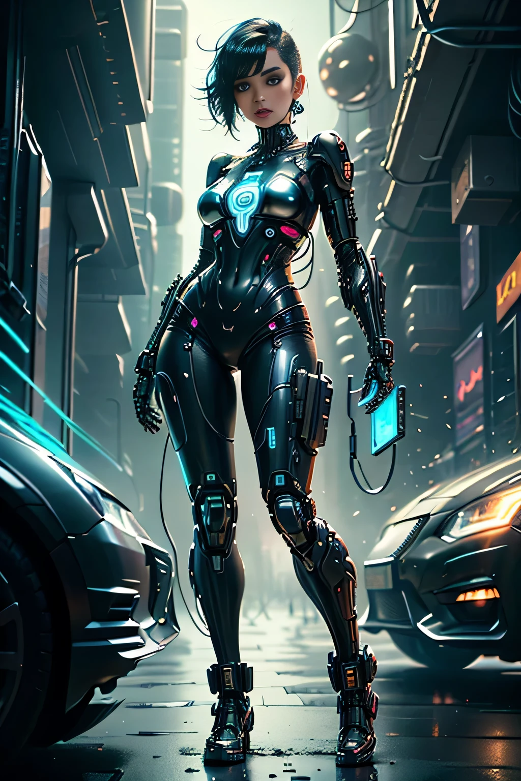 Cyberwoman Hall in Cyberpunk City of the Future々and cyberpunk women, with a full body on display, is depicted in a futuristic cyberpunk city. His eyes sparkle with intense neon, reflecting the cityscape filled with dystopian skyscrapers, holographic advertisements and flying vehicles amid a night sky lit by vibrant neons. The cybernetic woman sports a shiny metallic skin, covered in intricate cybernetic details and circuit tattoos. His posture is confident、Challenging