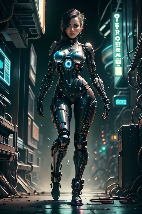 Cyberwoman Hole in Cyberpunk City of the Future々and cyberpunk women, with a full body on display, is depicted in a futuristic cy...