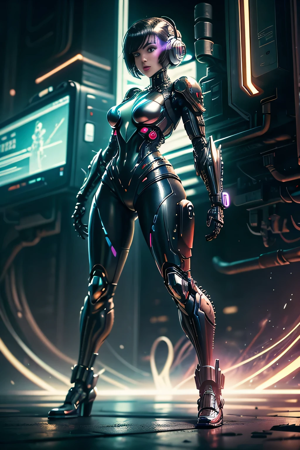 Cyberwoman Hall in Cyberpunk City of the Future々and cyberpunk women, with a full body on display, is depicted in a futuristic cyberpunk city. His eyes sparkle with intense neon, reflecting the cityscape filled with dystopian skyscrapers, holographic advertisements and flying vehicles amid a night sky lit by vibrant neons. The cybernetic woman sports a shiny metallic skin, covered in intricate cybernetic details and circuit tattoos. His posture is confident、Challenging