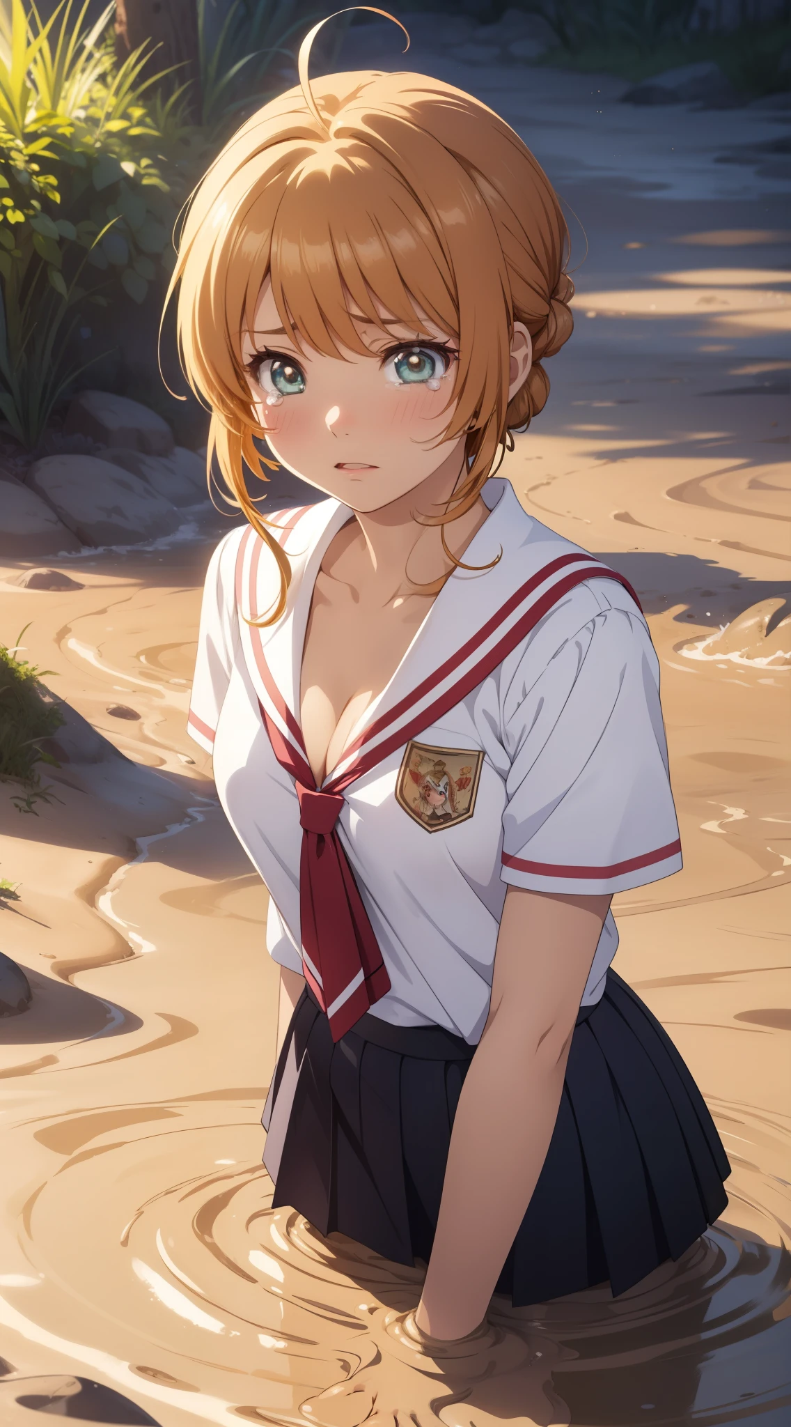 masterpiece, best quality, highres, perfect pixel, depth of field, 1girl, single, solo, beautiful anime girl, beautiful artstyle, (detailed face), (blush), anime CG style, (medium breasts), good lighting, perfect body, lips parted, (sakura kinomoto), glossy lips, , cleavage, (tears:1.2), (quicksand:1.3)