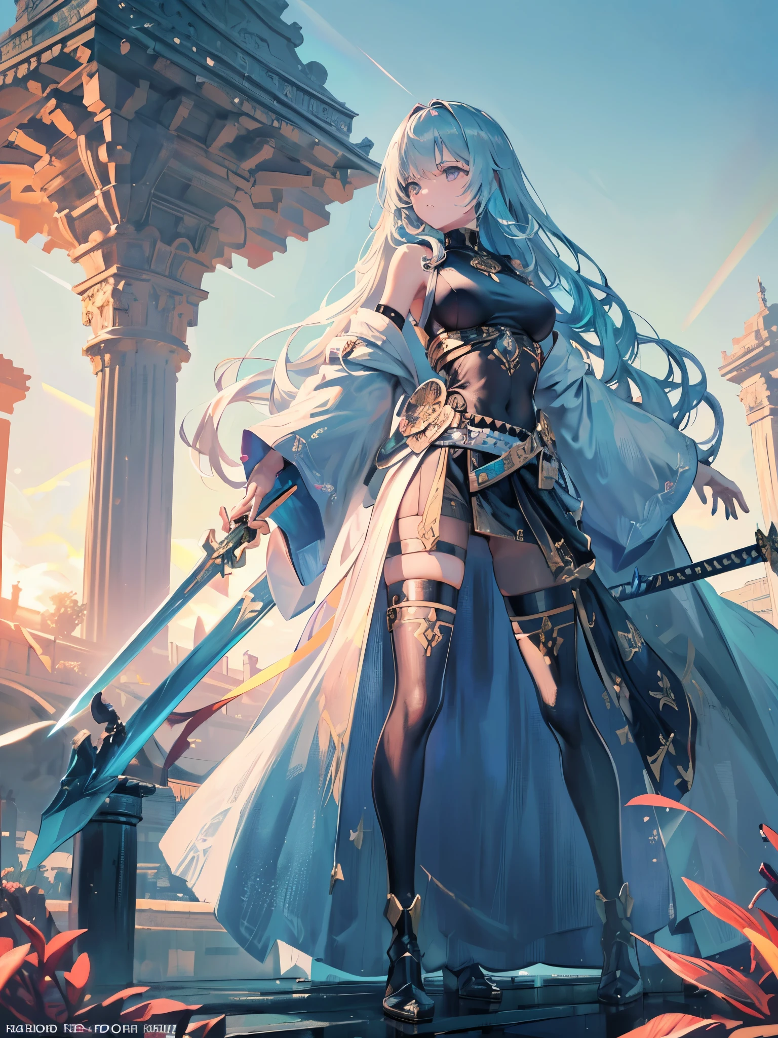 Girl with huge hair in movement, ultra-detailed eyes, beaded eyes, seriousness, hero posture, (((a sword in front of her stuck in the ground))), small round breasts, muscular thighs, big ass, leaves flying in the wind and all around, very blue sky, {extremely detailed 16k CG unit wallpaper}, expansive landscape photography, (a view from below focusing on the character and the sky above), (wide view of open field), ( low angle photo), (high light: 1.5), (low light: 1.2), (warm light source: 1.6), complex details, (iridescent colors: 1.5), (bright lighting), (atmospheric lighting), Dreamy , single, facing the viewer