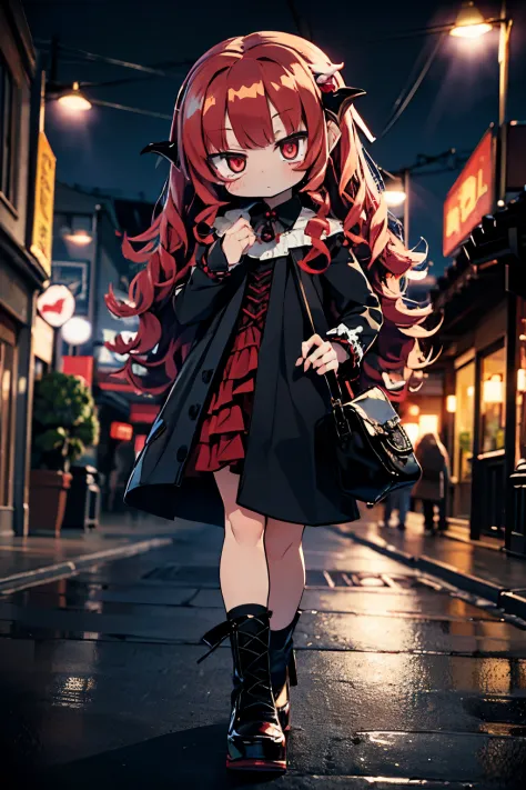 ((vampire mini cute girl: Red Eyes、Curly hair、very ),(Walk elegantly down the lively boulevard),(In the moonlight),(a scene from a movie:1.2))、I'm a dangerous vampire
