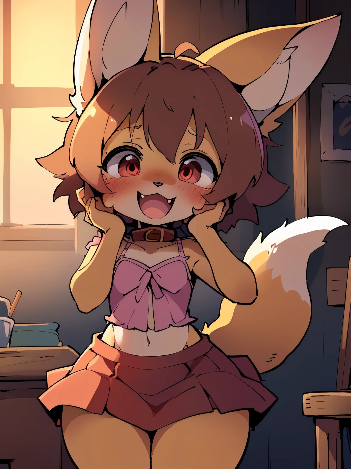 (loli, anthro, fennec fox, small hair, small ahoge, light brown hair, small snout, flat chest, fox tail, little thighs, ((long fur, yellow fur)), round head, round chin, small fangs and big red eyes) wearing (brown collar, pink blouse, red skirt, long skirt, leather belt), standing, hands in face, extremely happy, blushed, by dagasi, by diives