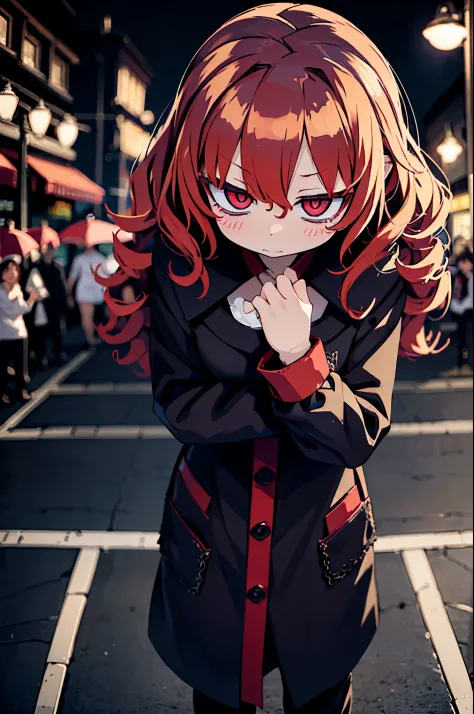 ((vampire mini cute girl: Red Eyes、Curly hair、very ),(Walk elegantly down the lively boulevard),(In the moonlight),(a scene from a movie:1.2))、I'm a dangerous vampire