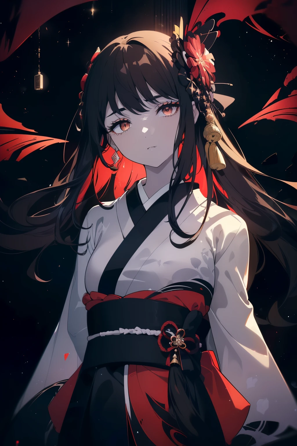 ((Obra maestra, La mejor calidad, ultrahigh resolution)), (((a stunning girl a kimono, obsidian black hair)), long hair, pale skin, ((dark brown eyes)), glowing_eyes, ((ultra detailed eyes:0.7, beautiful and detailed face, detailed eyes:0.9)), ((centered)), ((pretty)), facing viewer, eye level, (((wide shot, vibrant firework display in the night sky background))), flat chested, (looking at viewer), ((half closed eyes)), ((perfect hands)), ((((head:1, arms, hips, elbows, in view)))), ((hands behind back)), empty eyes, beautiful lighting, outside, outdoors, background, defined subject, 18 years old, (head tilt)