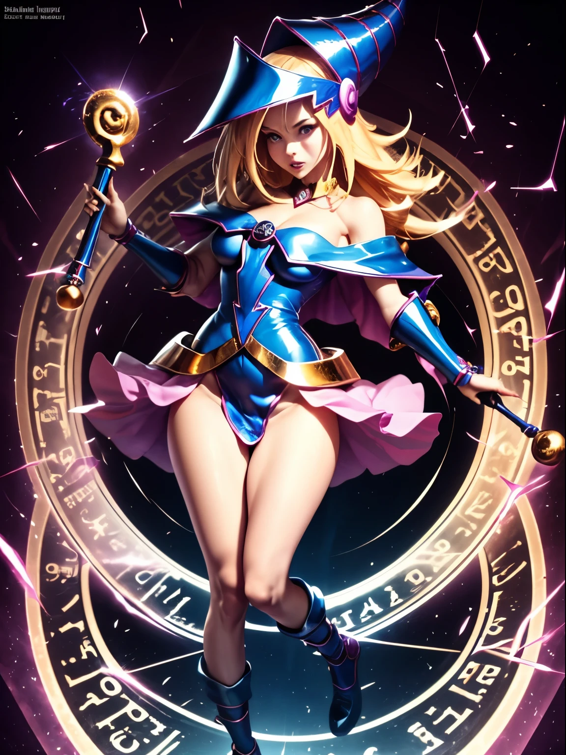 ultra-detailed, extremely detailed, masterpiece, highest quality, best quality, absurdres, highres, dark magician girl, (1girl:1.2), solo, detailed face, dynamic pose, hair flow, (full body:1.1),  blonde hair, long hair, looking at viewer, green eyes, skindentation, detailed skin, skin pores, (shiny skin, glossy skin:1.1), rosy skin details, breasts, nail polish, skirt, blue footwear, blue headwear, wizard hat, wand, holding hat, (blue panties:0.9), (summoning circle:1.1), hexagram, pentacle, pentagram, yu-gi-oh!, duel monster, purple magic field, glow, detailed background, intricate background,