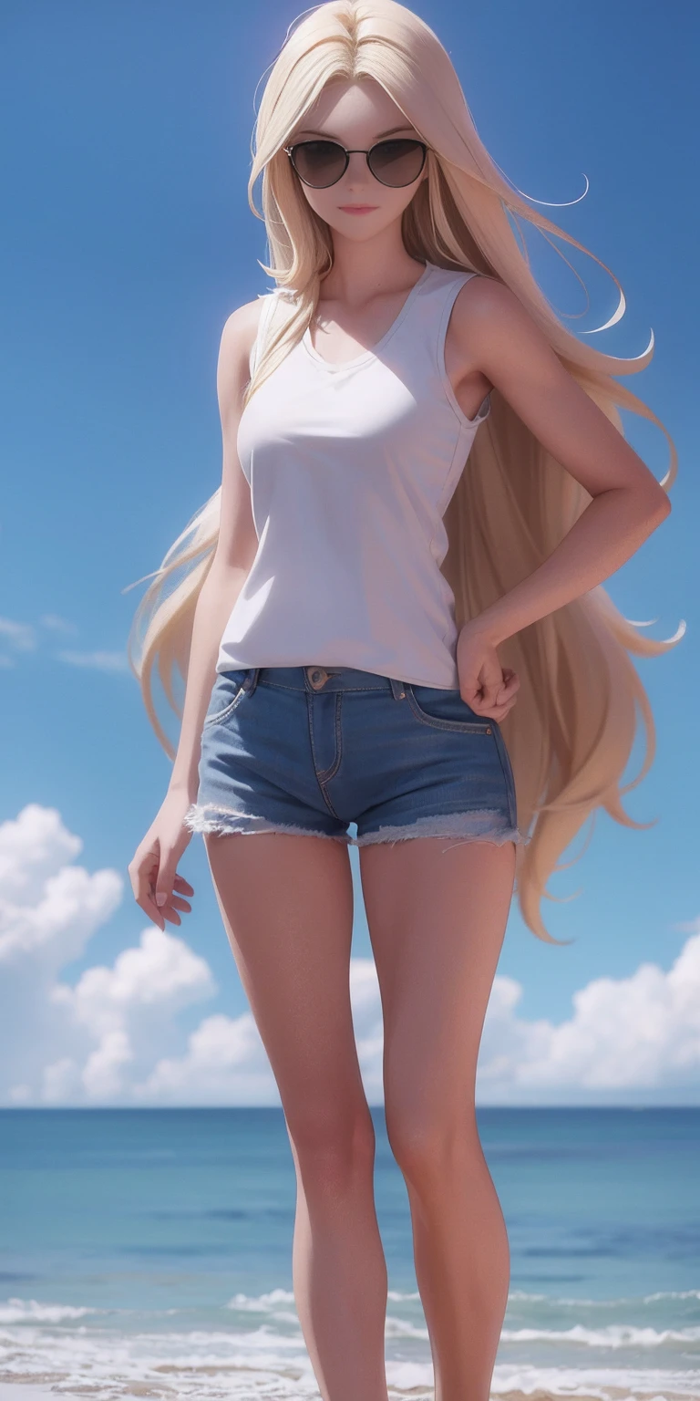 Female, standing, straight, long_hair, messy_hair,blonde_hair, blue_sunglasses,white_shirt,sleeveless_shirt, photo, cinematic