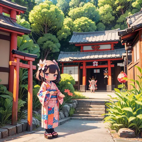 photoRealstic、Japan shrine in the background、３Year old girl、Wearing a kimono to celebrate Shichi-Go-San、Traditional events of Japan、Smile, kawaii pose 、 highly detailed eyelid painting、Floral hair ornament、butterfly hair ornament、on my right hand, I have a...