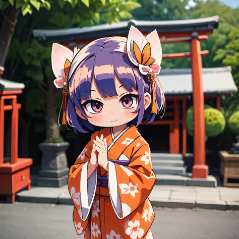 photoRealstic、Japan shrine in the background、３Year old girl、Wearing a kimono to celebrate Shichi-Go-San、Traditional events of Japan、Smile, kawaii pose 、 highly detailed eyelid painting、Floral hair ornament、butterfly hair ornament、on my right hand, I have a...