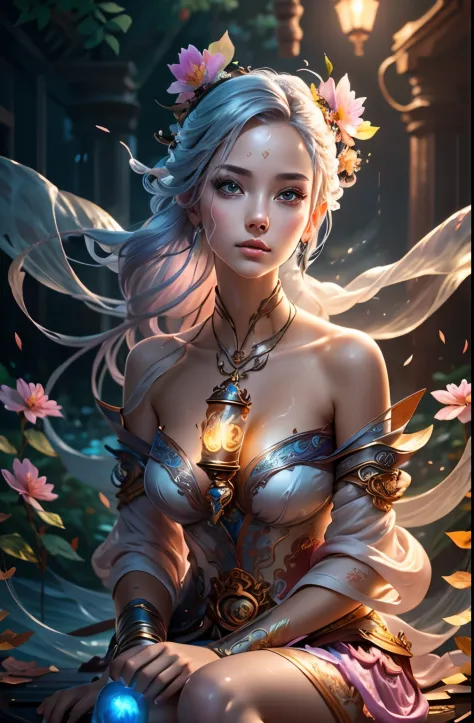 girl holding hourglass in hand, girl sitting on garden bench, (masterpiece), best quality, expressive detailed eyes, perfect face, huge floating antique hourglass, beautiful girl sitting inside the hourglass, lamp lantern, dark night sky, cloudy sky, rain ...