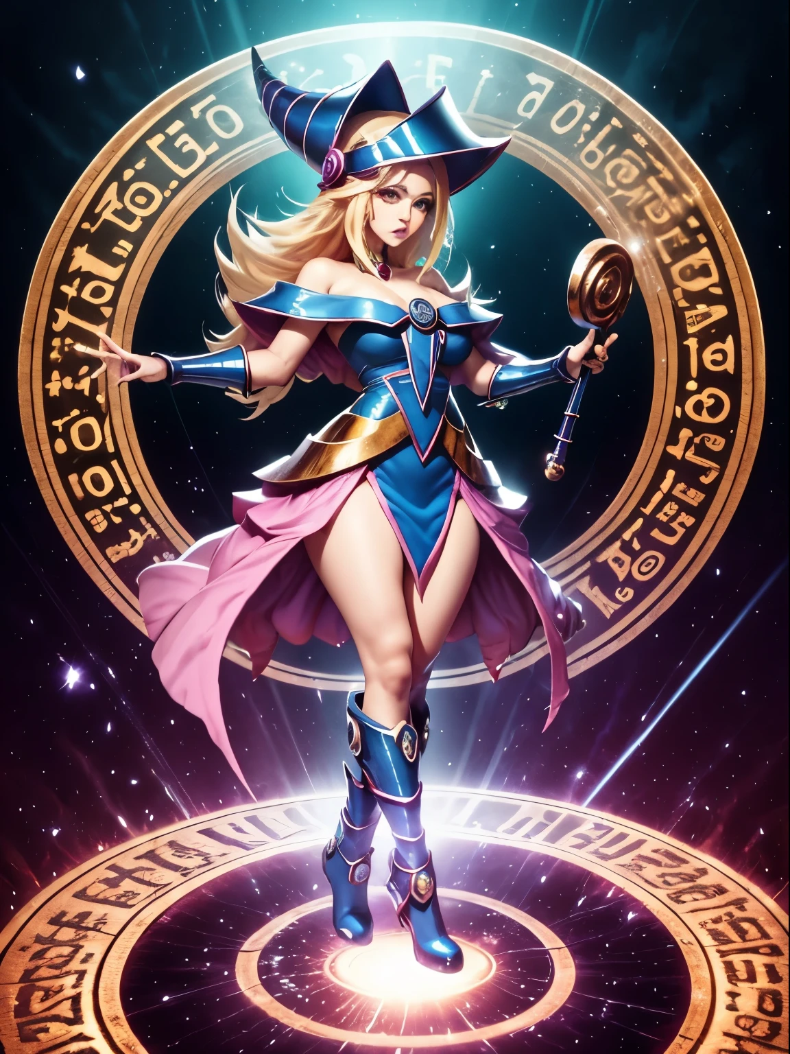 ultra-detailed, extremely detailed, Masterpiece, sthe highest qualit, The best quality, absurdities, highres, dark magician girl, (1girl: 1.2), Alone, detailed face, dynamic  pose, hair flow, (whole body: 1.1), blond hair, long hair, looking at the viewer, green eyes, skindentation, detailed skin, skin pores, (shiny skin, shiny skin: 1.1), Pink leather details, old, toenail polish, Skirt, blue shoes, blue hat, Wizard hat,  Wand, holding hat, (blue panties: 0.9), (summoning circle: 1.1), hexagram, pentacle, staff, yu-gi-oh!, duel monster, Purple Magic Field, radiance, detailed background, intricate background, Subjective and sensual pose