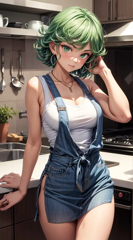 Best Quality, high resolution, Tatsumaki, 1girl, Solo, green hair, cute eyes, laught，earrings, Jewelry,, White belly button tank...