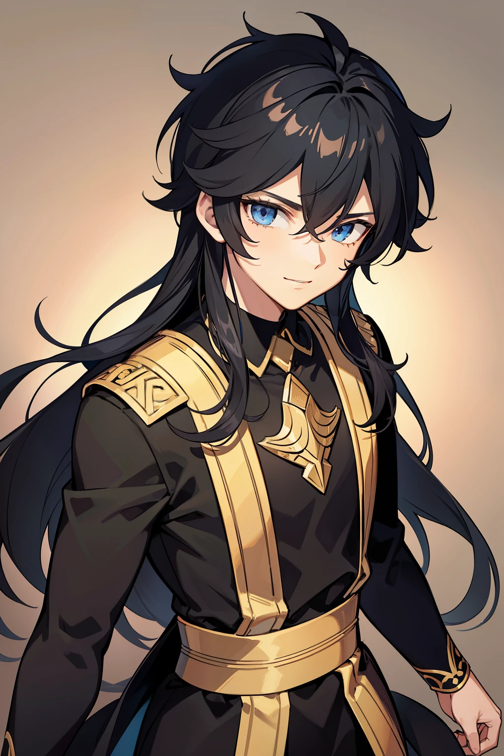 (high-quality, breathtaking),(expressive eyes, perfect face) portrait, 1boy, male, solo, young kid, , black hair, blue coloured eyes, stylised hair, gentle smile, medium length hair, loose hair, side bangs, curley hair, really spiky hair, spiked up hair, looking at viewer, portrait, ancient greek clothes, black long sleeved tunic gold trim around collar edges and down middle, greek, red and gold sash, simple background, laurel accessory, slightly narrow eyes, masculine face, masculine eyes, baby face,happy expression, clothes similar to Hypnos Saint Seiya