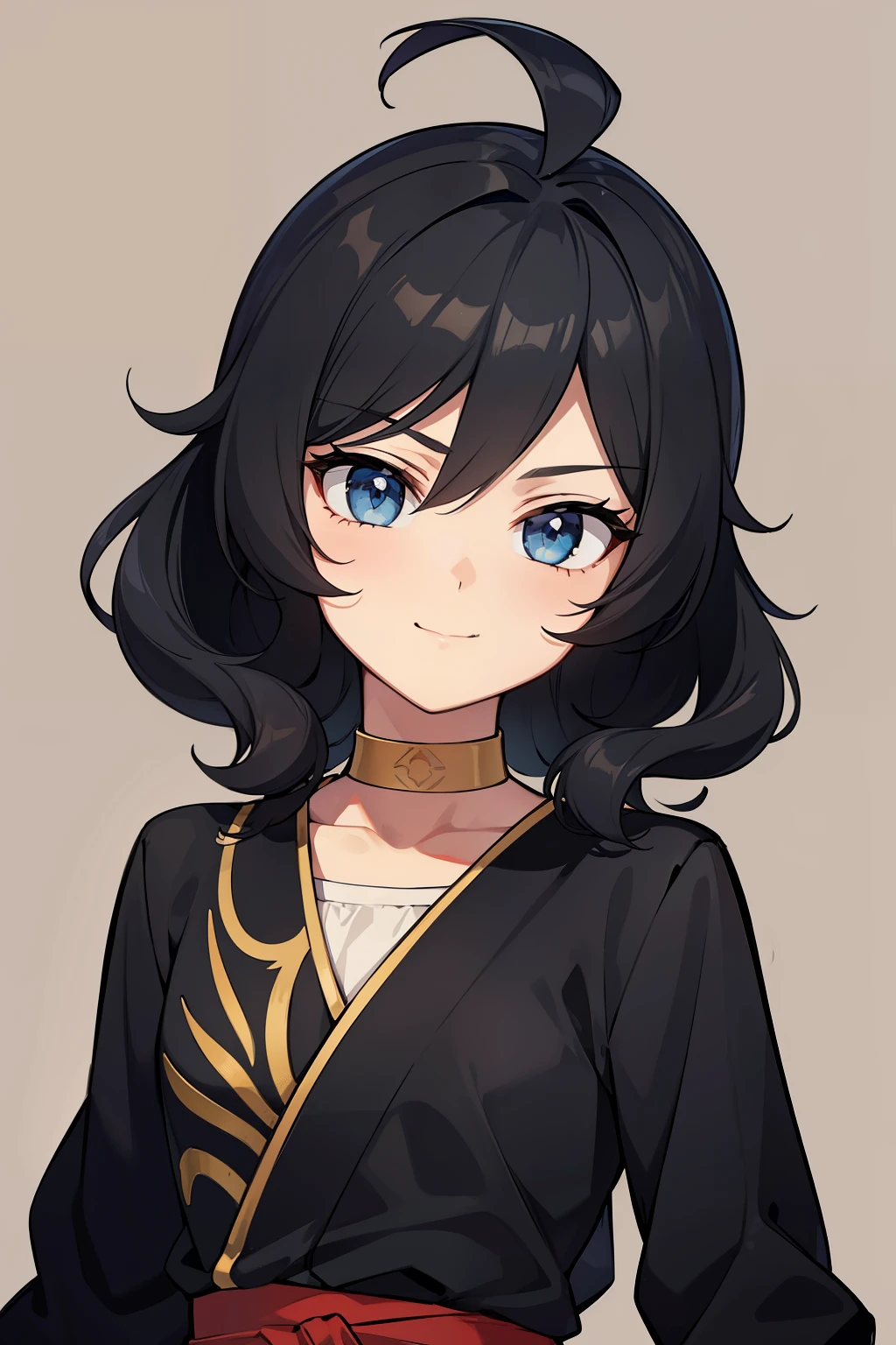 (high-quality, breathtaking),(expressive eyes, perfect face) portrait, 1girl, girl, solo, young kid, , black hair, blue coloured eyes, stylised hair, gentle smile, medium length hair, loose hair, side bangs, curley hair, really spiky hair, spiked up hair, stylized hair, looking at viewer, portrait, ancient greek clothes, black long sleeved tunic gold trim around collar edges and down middle, greek, red and gold sash, simple background, laurel accessory, slightly narrow eyes, baby face, , happy expression, clothes similar to Hypnos Saint Seiya