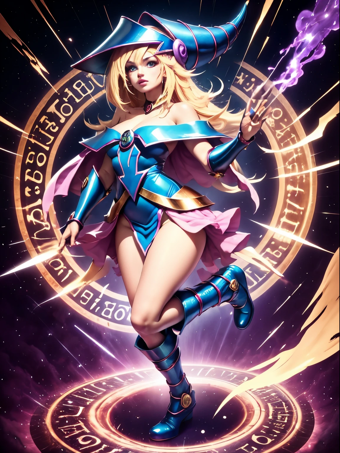 ultra-detailed, extremely detailed, Masterpiece, sthe highest qualit, The best quality, absurdities, highres, dark magician girl, (1girl: 1.2), Alone, detailed face, dynamic  pose, hair flow, (whole body: 1.1), blond hair, long hair, looking at the viewer, green eyes, skindentation, detailed skin, skin pores, (shiny skin, shiny skin: 1.1), Pink leather details, old, toenail polish, Skirt, blue shoes, blue hat, Wizard hat,  Wand, holding hat, (blue panties: 0.9), (summoning circle: 1.1), hexagram, pentacle, staff, yu-gi-oh!, duel monster, Purple Magic Field, radiance, detailed background, intricate background, Subjective and sensual pose