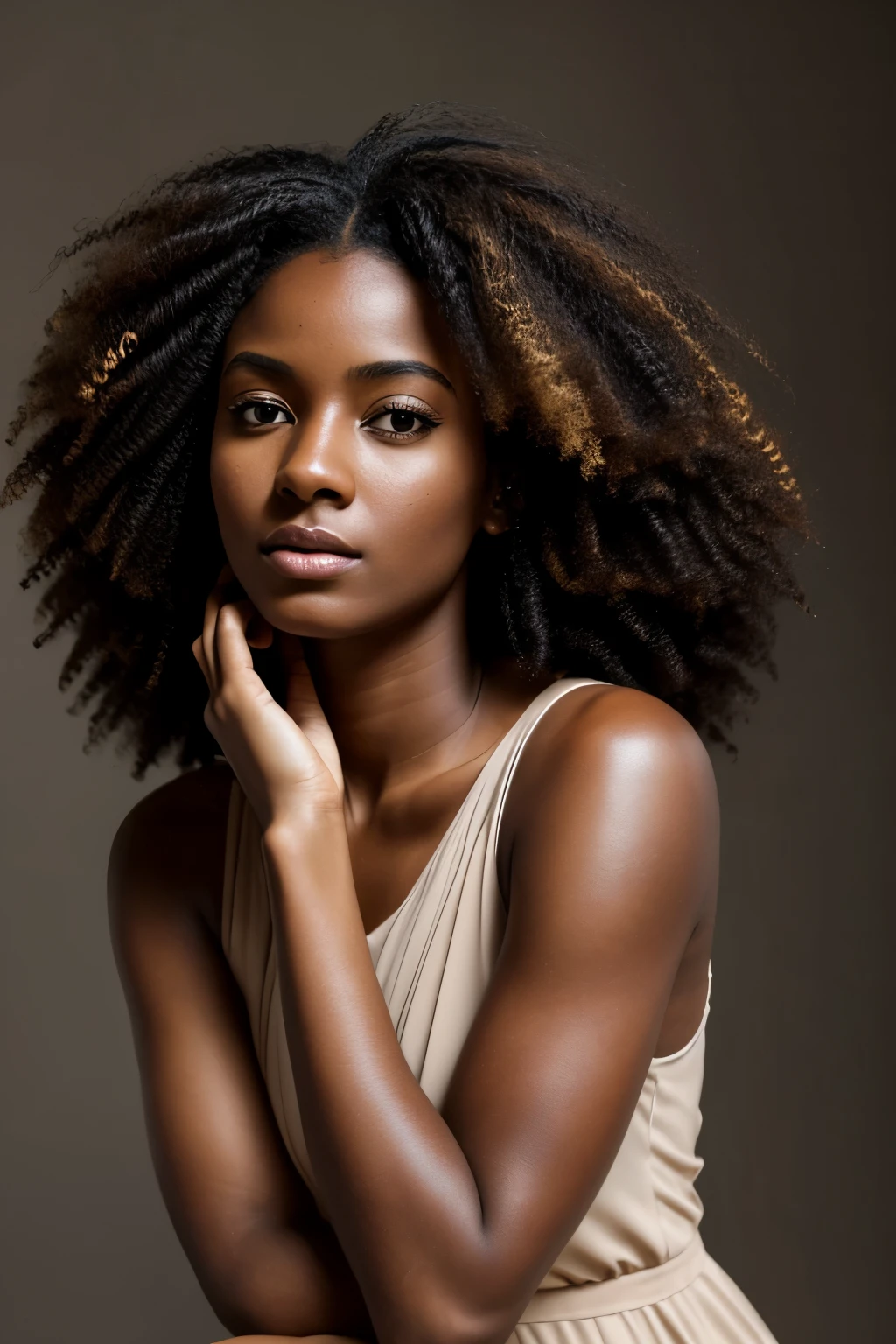 arafed woman with a tan dress and a black hair, photo of a black woman, young black woman, black young woman, looking at camera, photo studio, portrait soft light, portrait of a beautiful model, portrait soft light, soft portrait shot 8 k, dark skin, long curly hair, photo of a beautiful woman, dark skinned, brown skinned, beautiful portrait lighting, portrait soft low light, unhappy face