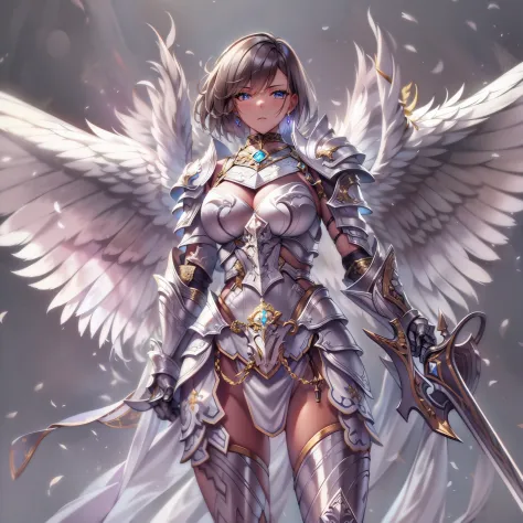 (masterpiece), (best quality), (ultra-detailed), female angelic warrior, silver armor, armored, full body, beautiful, fierce, holding weapons, sword, lean body, short hair, scout