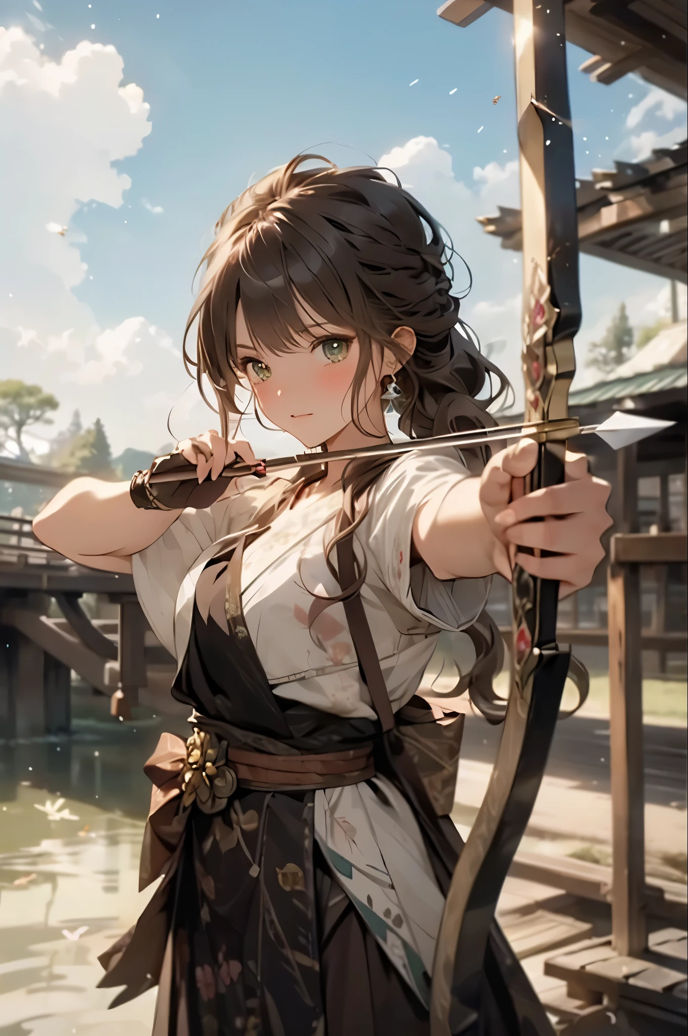 (masterpiece, best quality: 1.2), 1girl, solo, anime art, (straight on view) FACE FOCUS, best quality, ultra-detailed illustration of a woman drawing bow with magical arrow, beautiful detailed eyes in a fantasy forest, silver hair, wearing detiled green and brown ranger outfit, very_rich_many_wavy_hair, looking at camera, close-up face, (((blushed in surprise face))), gorgeous lovely character, sakura trees, moonlight s, sakura flowers, flying flowers, river, bridge, night clouds, starry sky, windy, rustling leaves, anime style