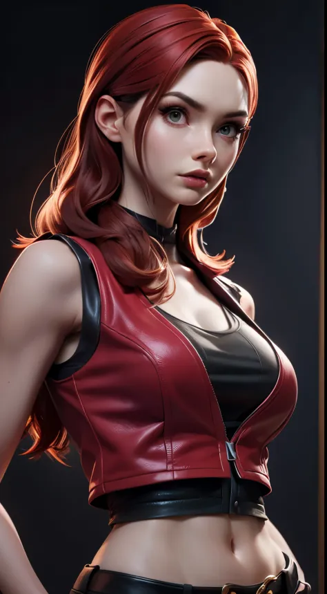 photo of Karen Gillan, beautiful woman hair red, sexy pose, sexy figure, (medium breasts:1.3), (cropped vest black and red color scheme), (masterpiece) (best quality) (detailed) (8k) (HDR) (wallpaper) (cinematic lighting) (sharp focus) (intricate)
